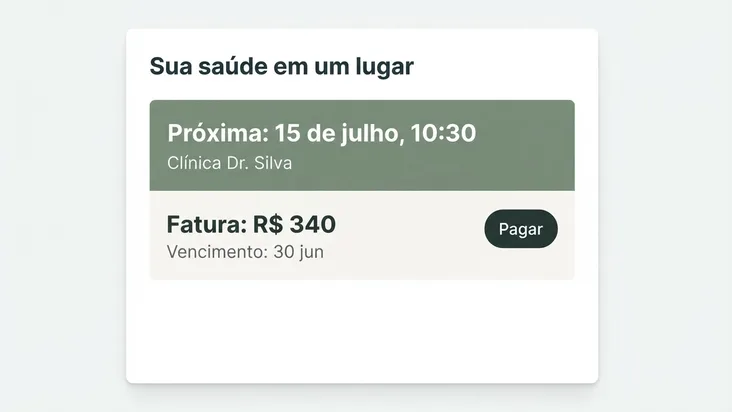 Portal do paciente com a próxima consulta e a fatura em aberto