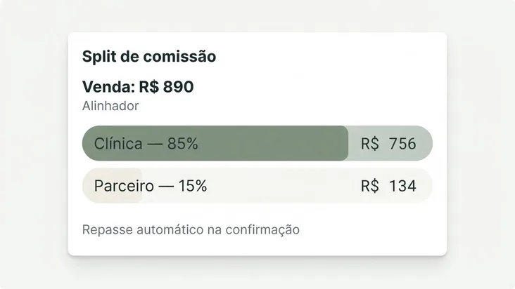 Venda dividida entre a clínica e o parceiro, com o valor de cada parte
